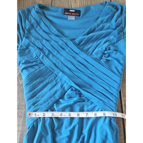 Miss Sixty M60 Dress Medium Blue Ruched Pleated V Neck Bodycon Short Sleeve Mini - Picture 8 of 11